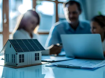 Maquette de maison avec panneaux solaires; famille floue en arrière-plan utilisant un ordinateur portable