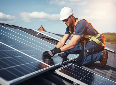 Installateur en combinaison de sécurité fixant des panneaux solaires sur un toit à Vaureal dans le Val d'Oise 95