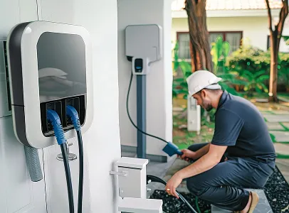 Homme installant une borne de recharge de véhicule électrique à domicile à Vaureal dans le Val d'Oise 95